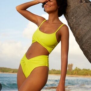 Aerie Shine Pique Brown Twist High Cut Bikini Bottom size M